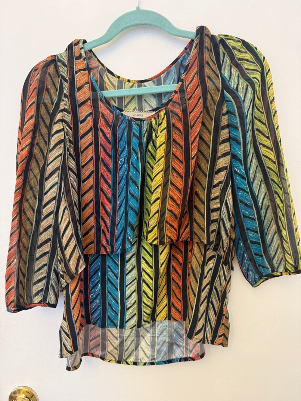 Sheer Multicolor Striped Blouse by Eileen Fisher - Vibrant Chevron Stripe